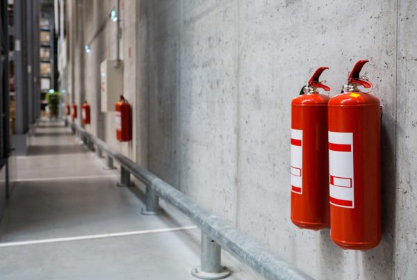 Fire extinguishers in the warehouse. Fire safety